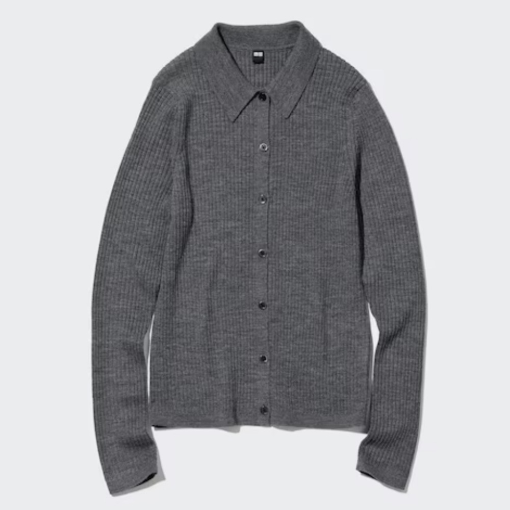 NWT Extra Fine Merino Ribbed Polo Cardigan in Gray
